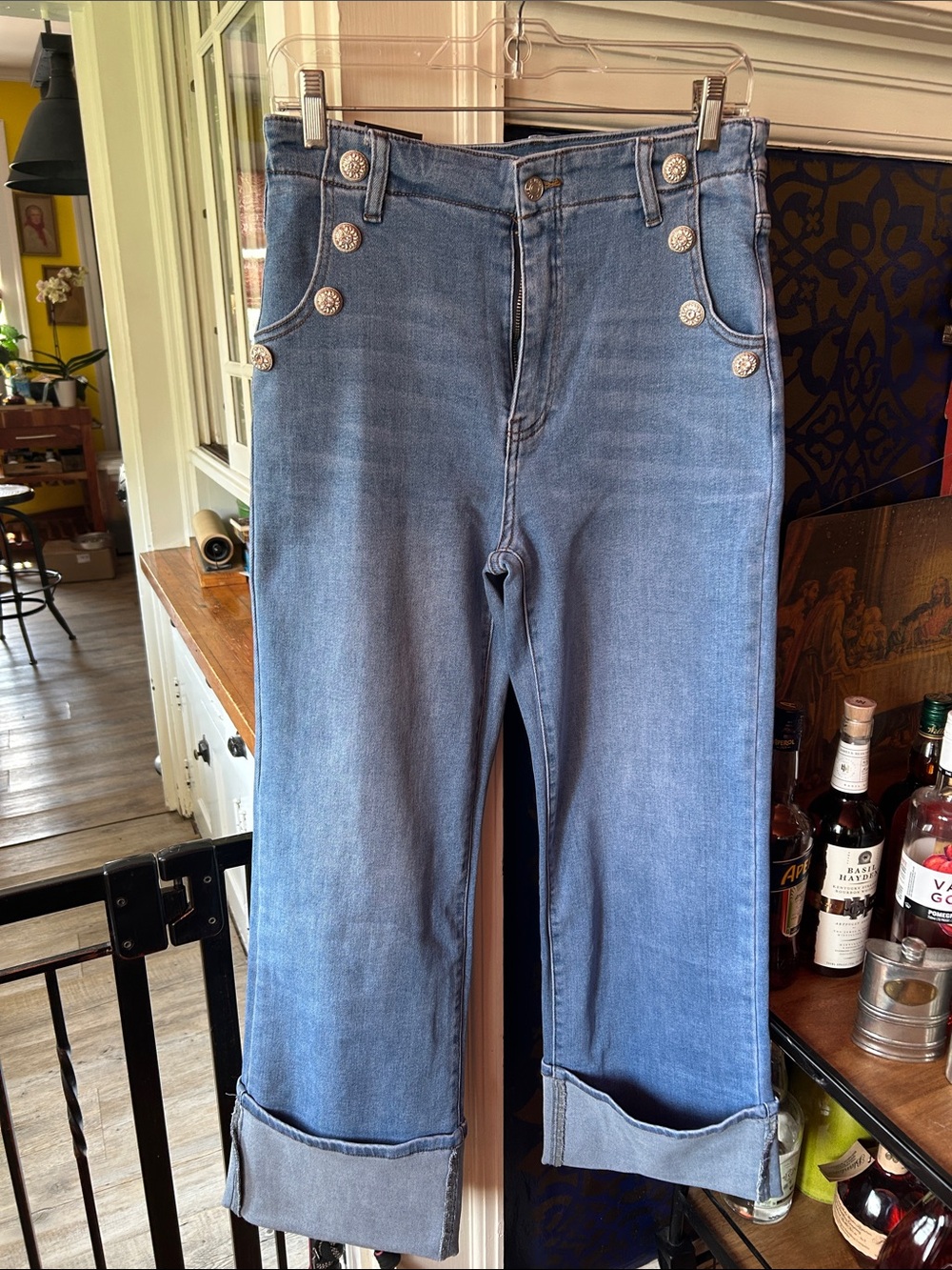 High-Rise Blue Sailor Button-Detail Jeans for Women